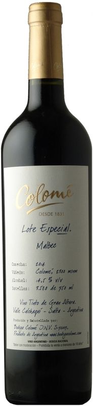 Bottle of Malbec Lote Especial from Bodega Colomé