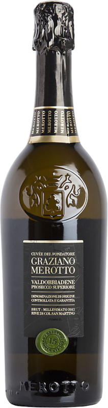 Bottiglia di Cuvée del fondatore Graziano Merotto Rive di Col San Martino Valdobbiadene Prosecco Superiore DOCG brut di Merotto