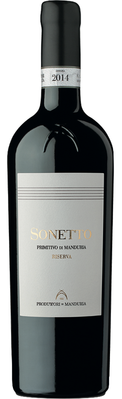 Bottiglia di Sonetto Primitivo di Manduria Riserva DOP di Produttori Vini di Manduria