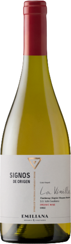 Bottiglia di Signos de Origen Assemblage Blanc Chardonnay Marsanne Roussane Viognier DO di Emiliana Organic Vineyards