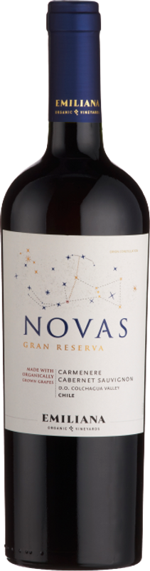 Bottiglia di Novas Gran Reserva Carménère/Cabernet Sauvignon Médaille d'Or Mondial du Vin DO di Emiliana Organic Vineyards