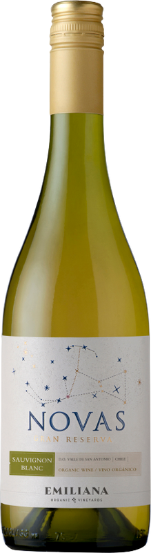 Bottiglia di Novas Sauvignon Blanc Gran Reserva San Antonio Valley DO di Emiliana Organic Vineyards